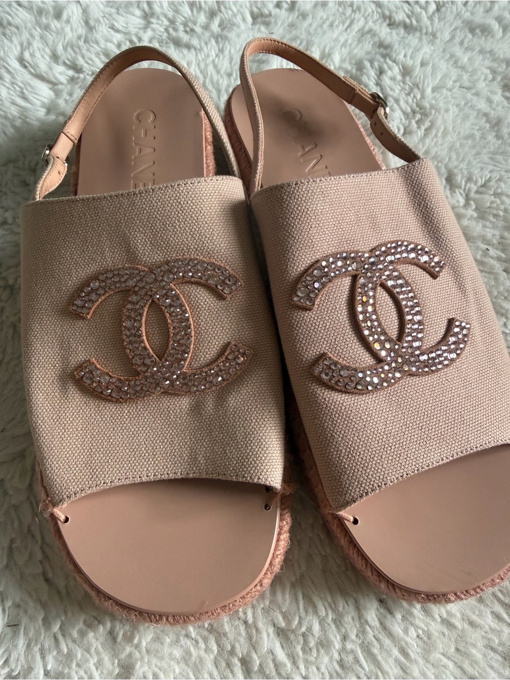 CHANEL Blush Pink Crystal CC Slingback Sandals